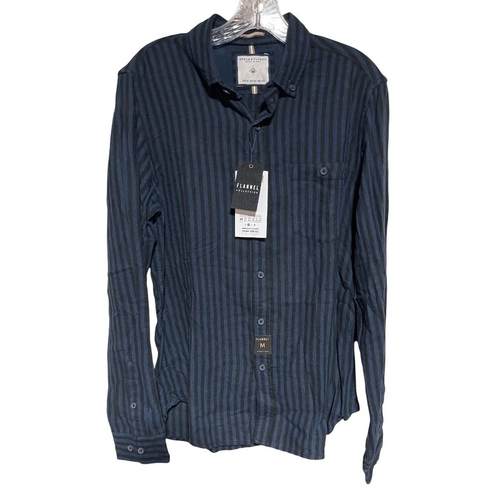 Denim & Flower Ricky Singh Shirt Mens M Navy Black Striped Button Down Flannel